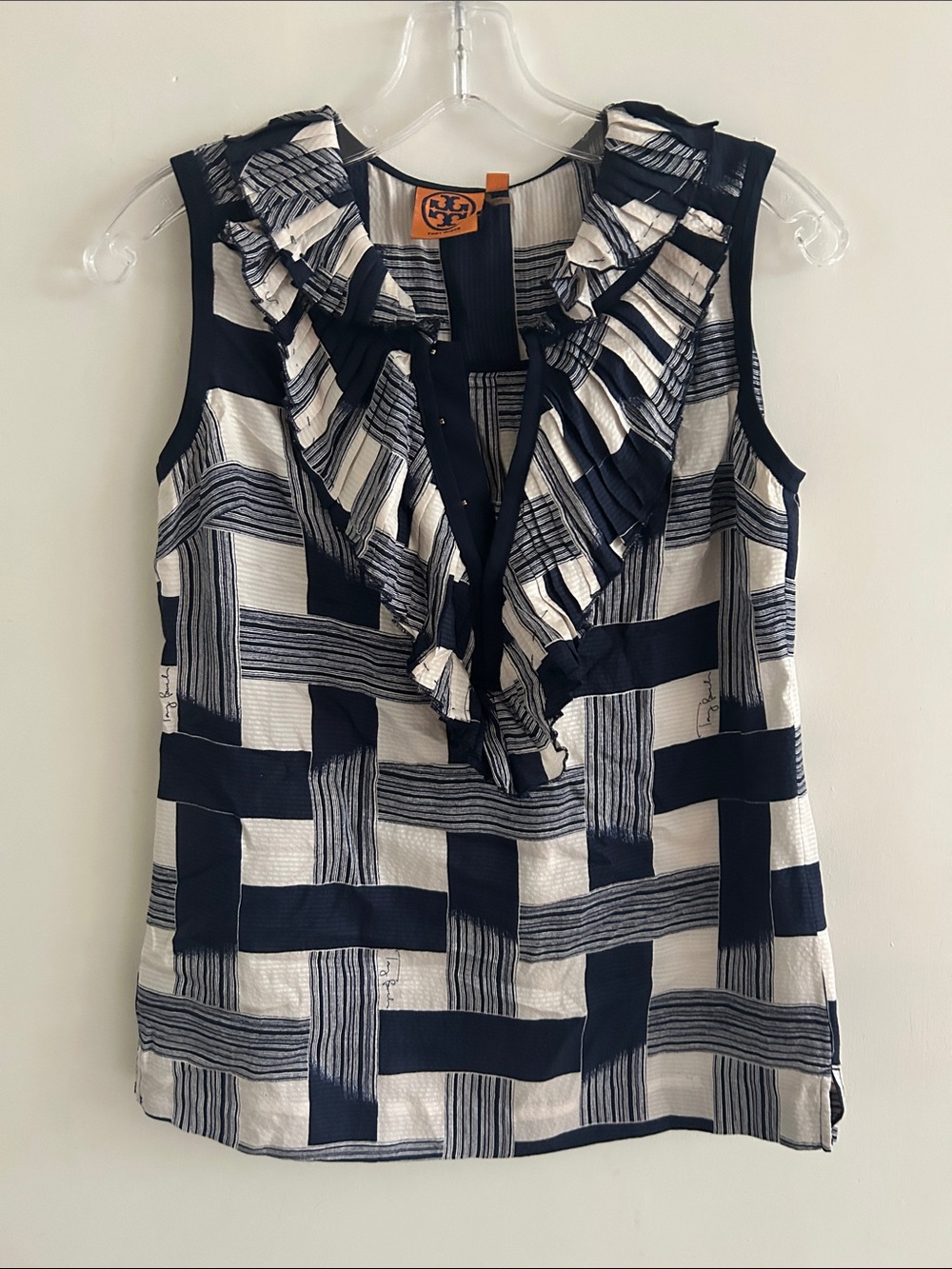 Tory Burch Navy and White Ruffle V-Neck Sleeveless‎ Camisole